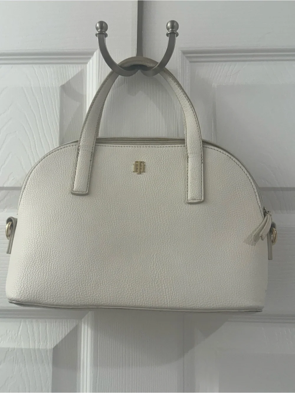 Tommy Hilfiger White Pebbled Leather Dome Satchel Crossbody Bag Gold TH
